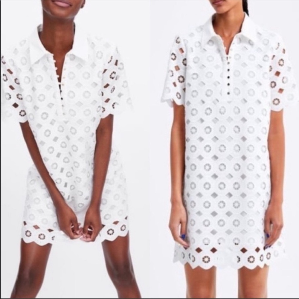 Zara White Eyelet Collared Shift Dress size medium
